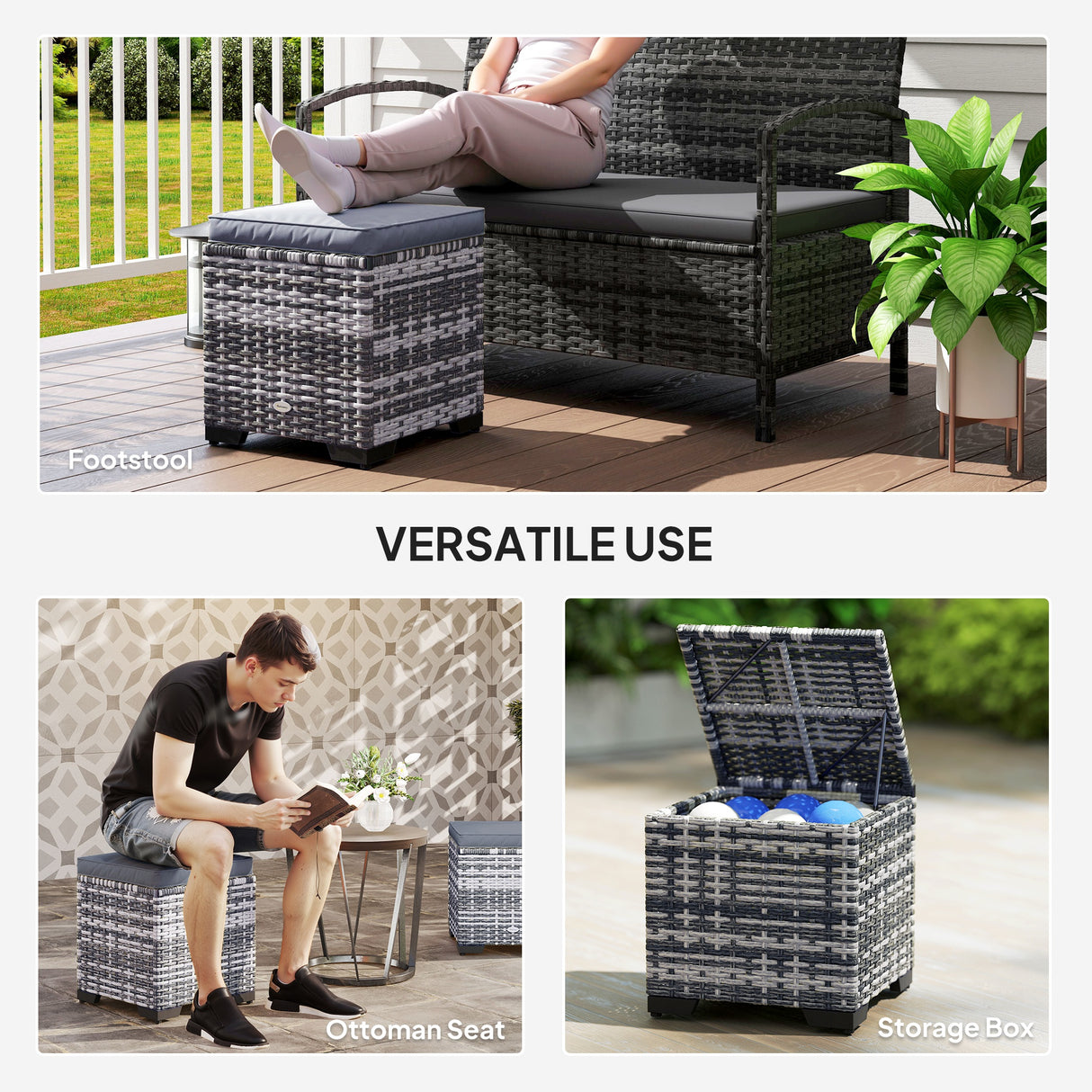 Poly Rattan Storage Ottoman in Set of 2 Outdoor Footstool - Velmora