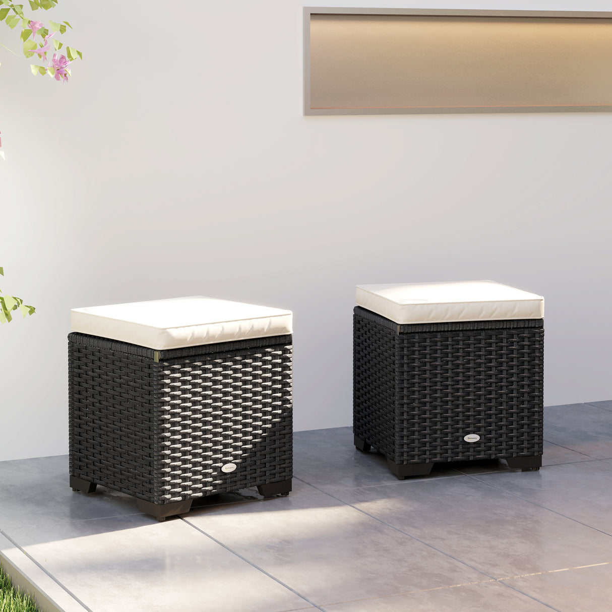 Poly Rattan Storage Ottoman in Set of 2 Outdoor Footstool - Velmora
