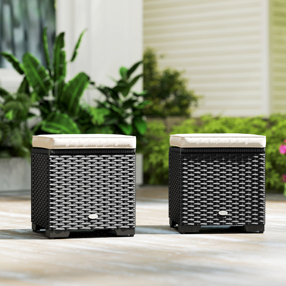 Poly Rattan Storage Ottoman in Set of 2 Outdoor Footstool - Velmora