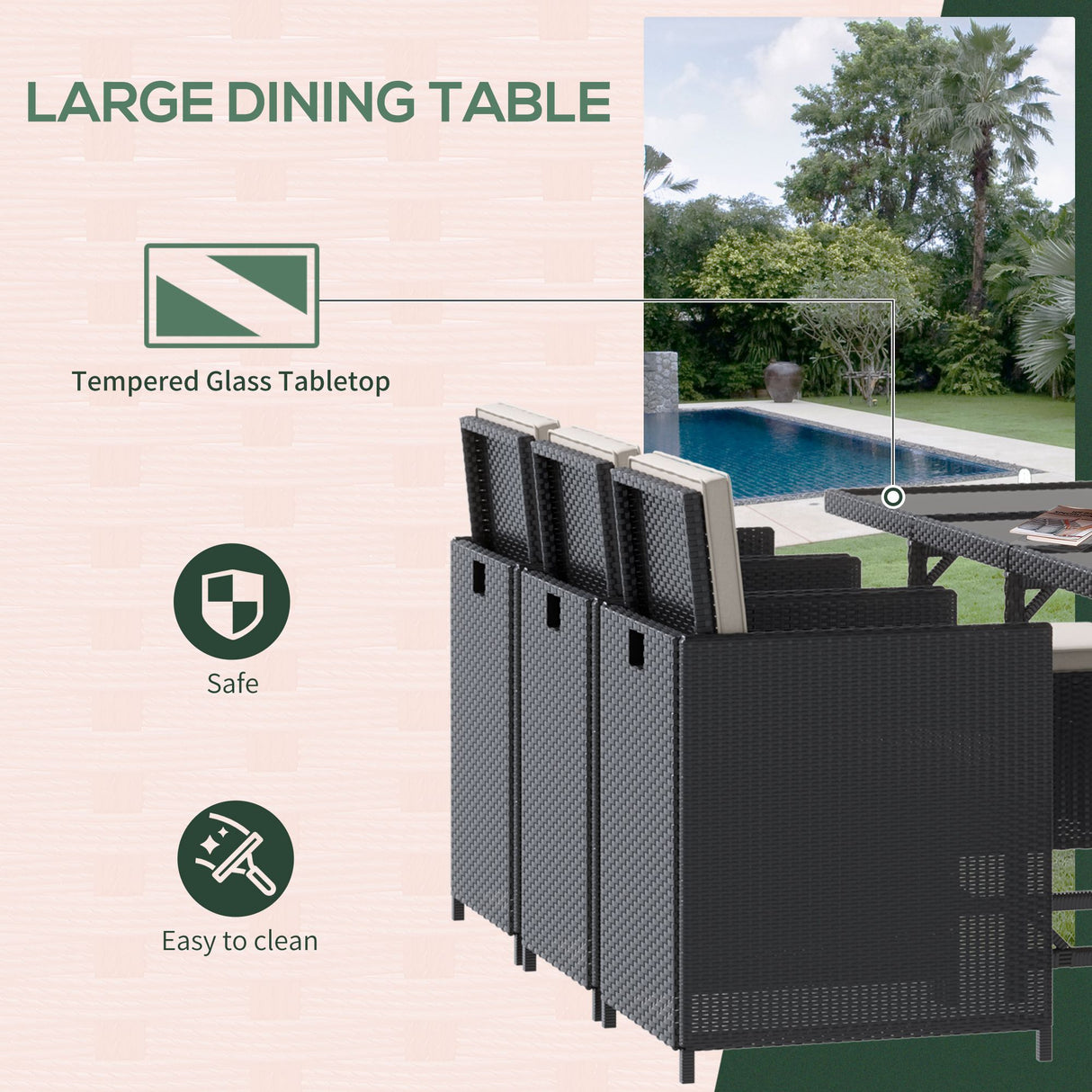 Poly Rattan 10 Seater Garden Dining Set With Glass Top Table and Cushions - Velmora