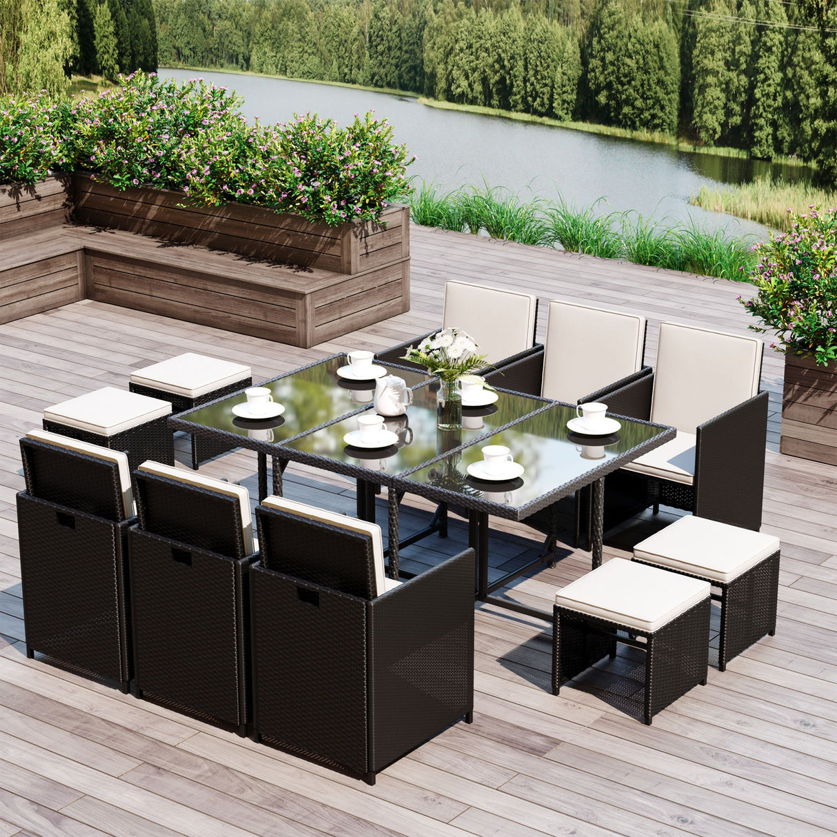 Poly Rattan 10 Seater Garden Dining Set With Glass Top Table and Cushions - Velmora