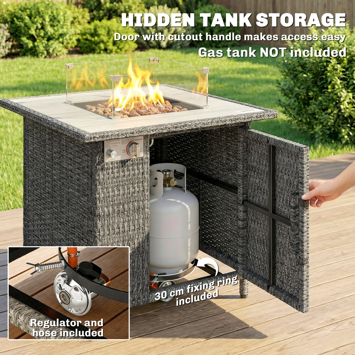Poly Rattan 14.5 KW Gas Fire Pit Table With Rain Cover - Velmora