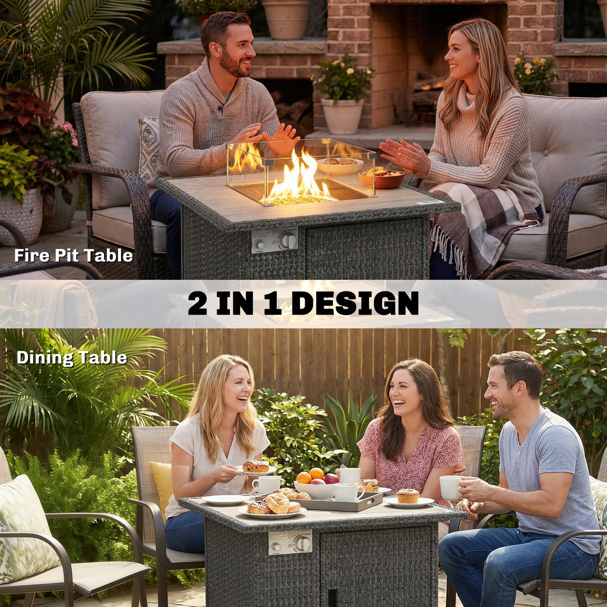 Poly Rattan 14.5 KW Gas Fire Pit Table With Rain Cover - Velmora