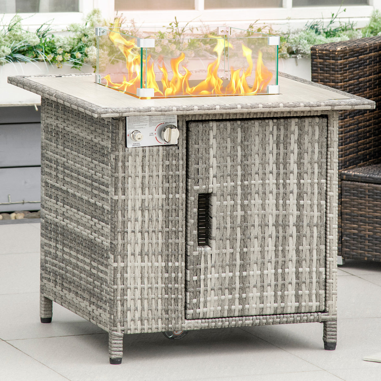 Poly Rattan 14.5 KW Gas Fire Pit Table With Rain Cover - Velmora