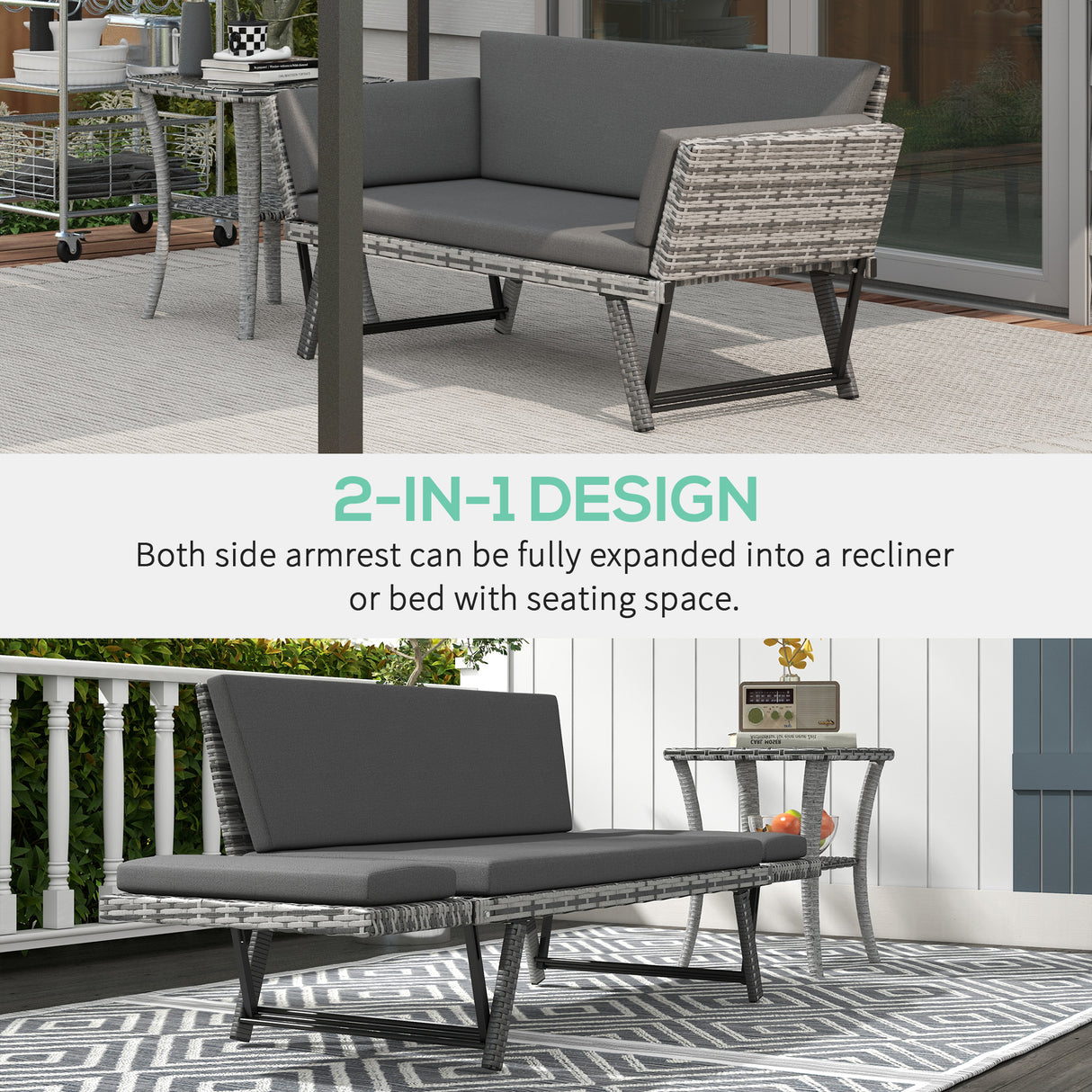 Poly Rattan 2-in-1 Convertible 2-Seater Garden Sofa Daybed - Velmora