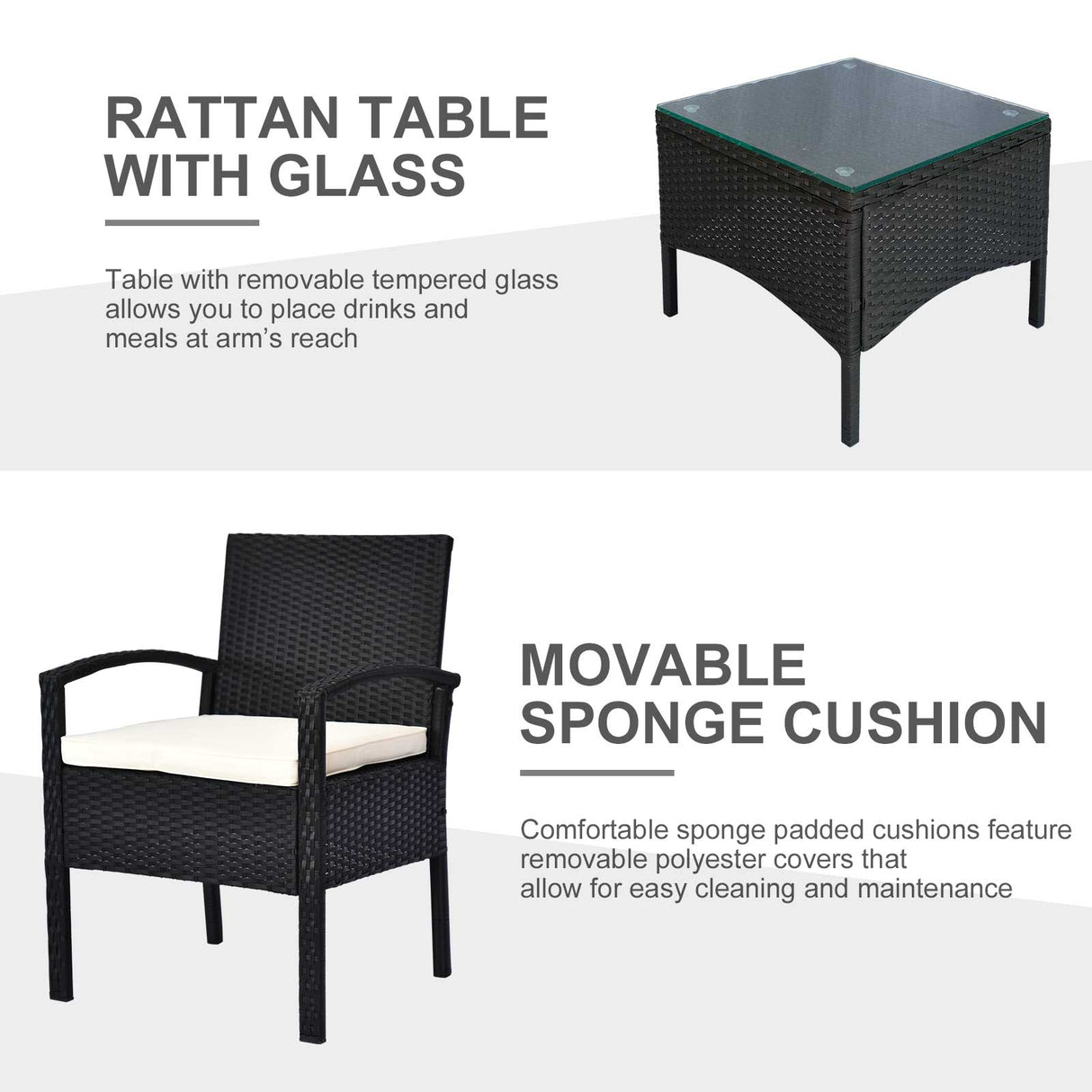 Poly Rattan 2 Seater Garden Armchair in Set of 2 and Glass Top Table - Velmora
