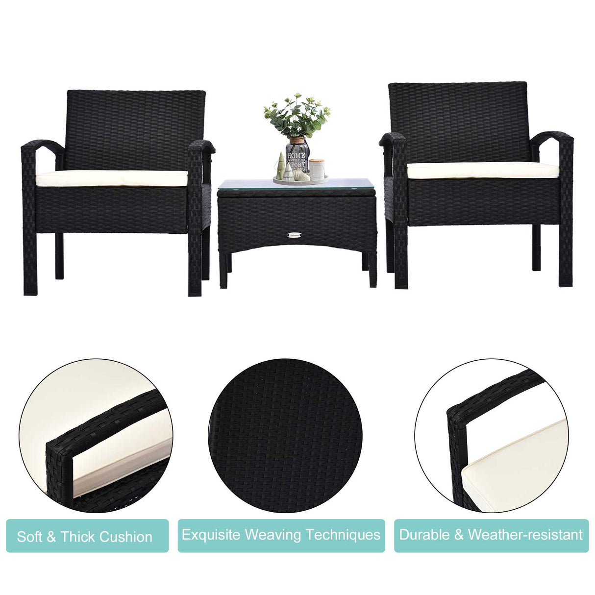 Poly Rattan 2 Seater Garden Armchair in Set of 2 and Glass Top Table - Velmora