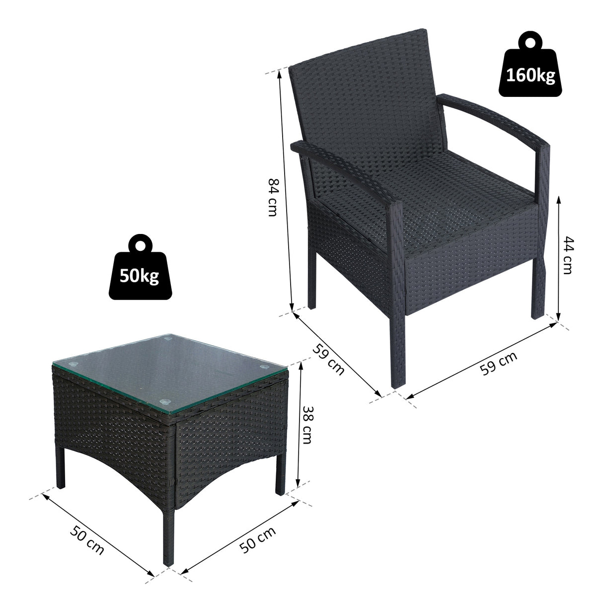 Poly Rattan 2 Seater Garden Armchair in Set of 2 and Glass Top Table - Velmora