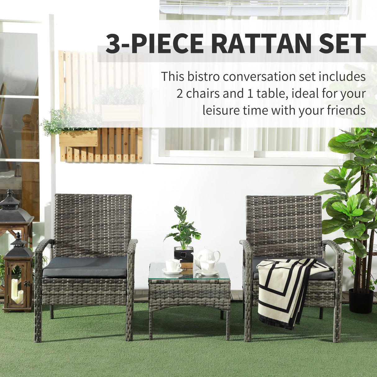Poly Rattan 2 Seater Garden Armchair in Set of 2 and Glass Top Table - Velmora
