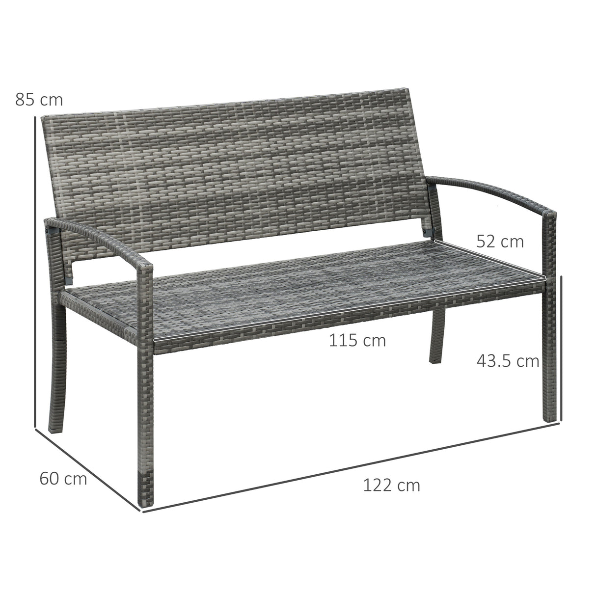 Poly Rattan 2 Seater Garden Bench With Backrest and Armrests for Patio - Velmora