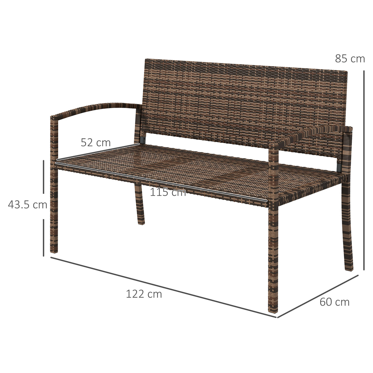 Poly Rattan 2 Seater Garden Bench With Backrest and Armrests for Patio - Velmora