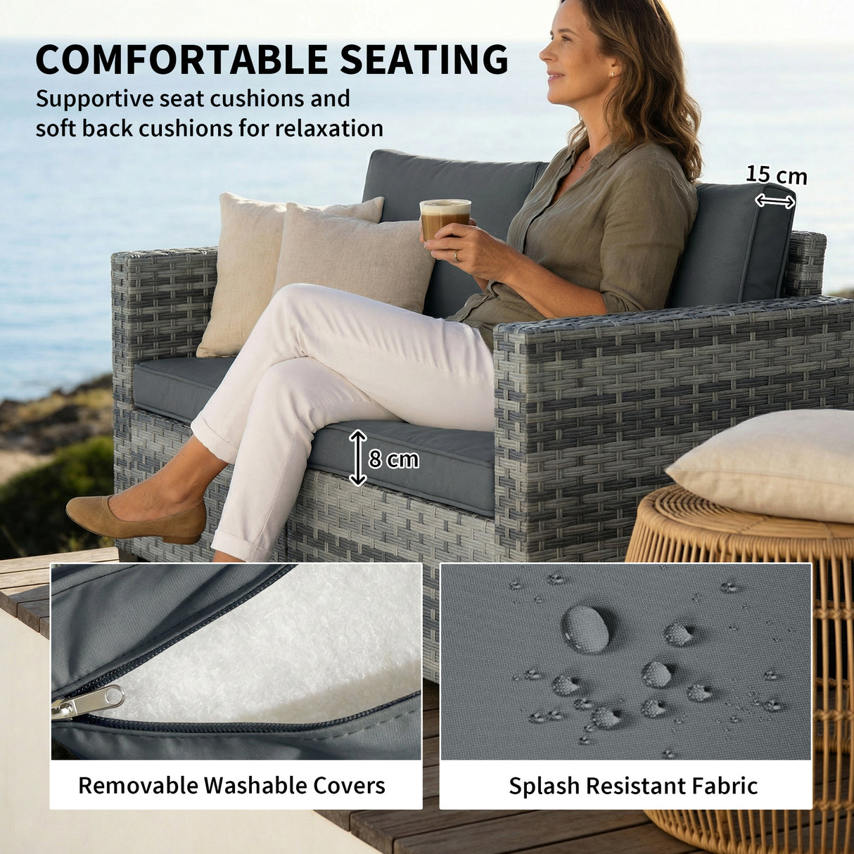 Poly Rattan 2 Seater Garden Sofa With Deep Seat And Wide Armrests - Velmora