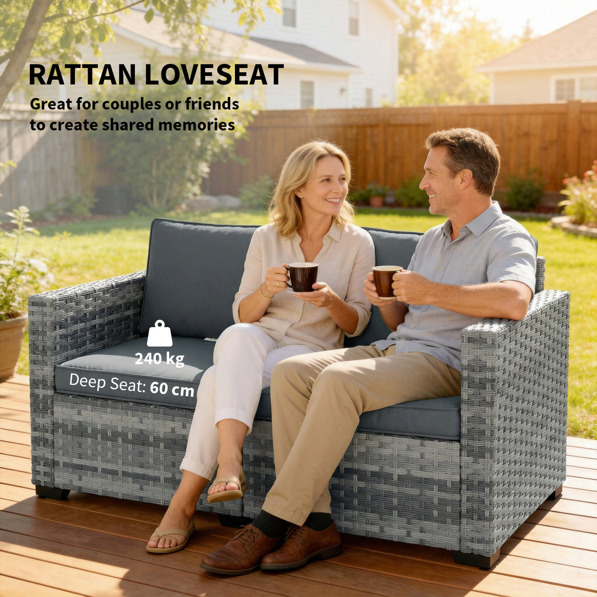 Poly Rattan 2 Seater Garden Sofa With Deep Seat And Wide Armrests - Velmora