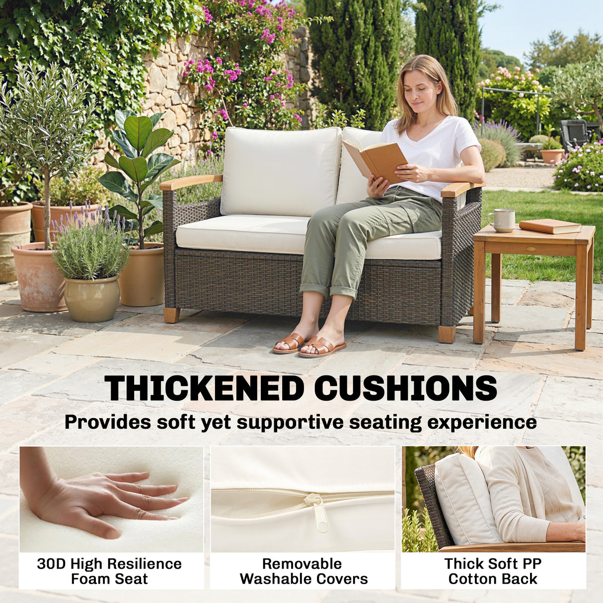 Poly Rattan 2 Seater Garden Sofa With Thickened Cushions and Wooden Armrests - Velmora