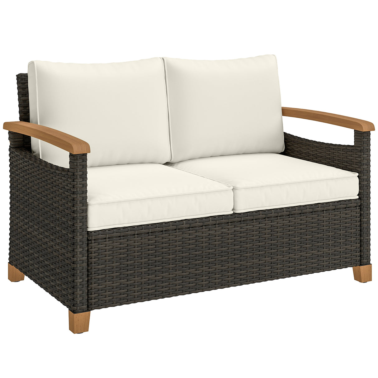 Poly Rattan 2 Seater Garden Sofa With Thickened Cushions and Wooden Armrests - Velmora