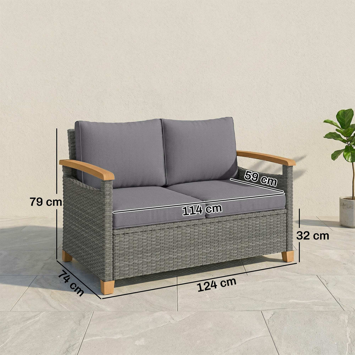 Poly Rattan 2 Seater Garden Sofa With Thickened Cushions and Wooden Armrests - Velmora