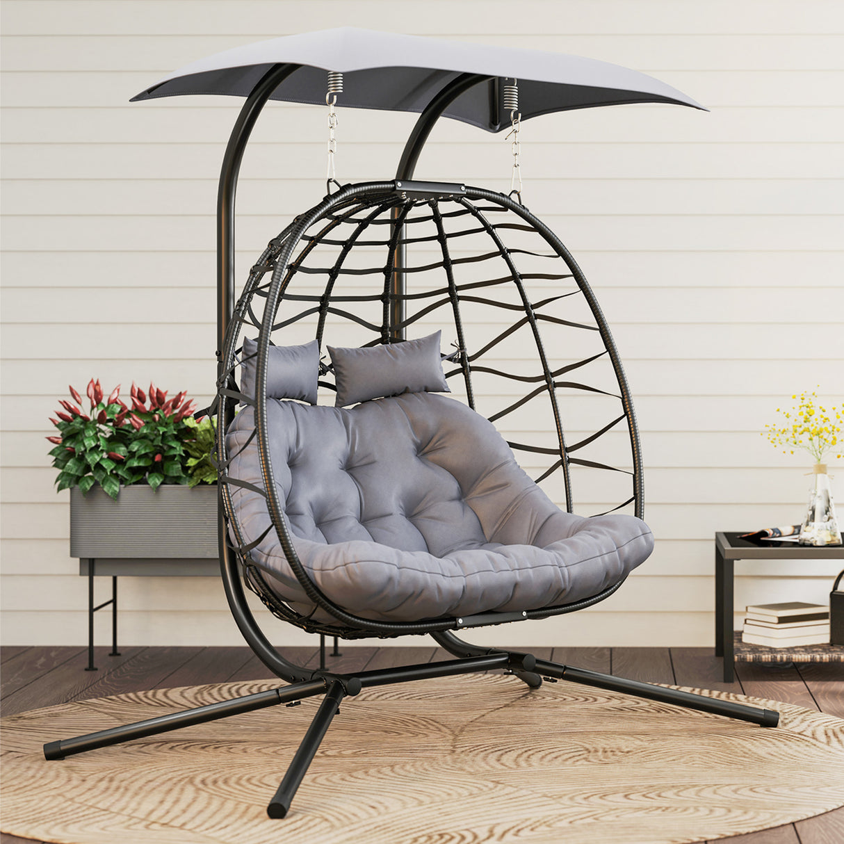 Poly Rattan 2 Seater Rattan Egg Swing Chair - Velmora