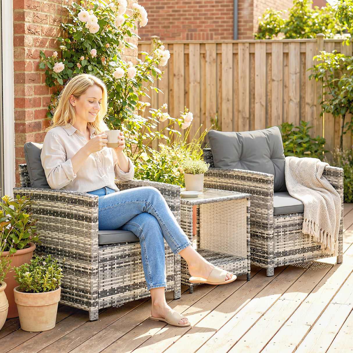 Poly Rattan 3 Piece Garden Bistro Set With 2 Tier Glass Top Table - Velmora