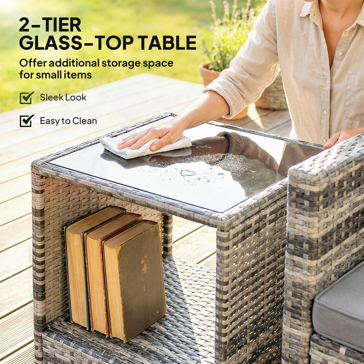 Poly Rattan 3 Piece Garden Bistro Set With 2 Tier Glass Top Table - Velmora