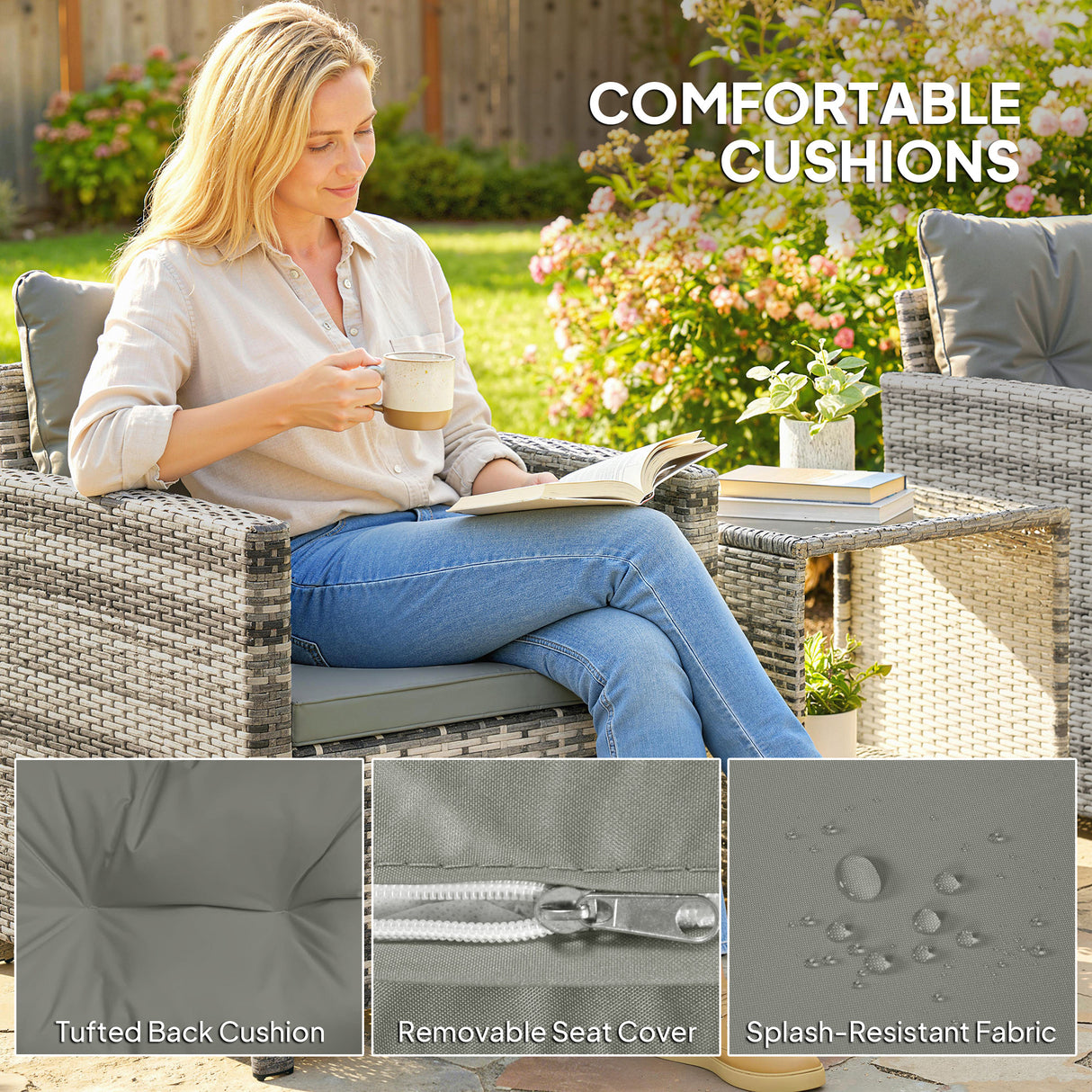 Poly Rattan 3 Piece Garden Bistro Set With 2 Tier Glass Top Table - Velmora