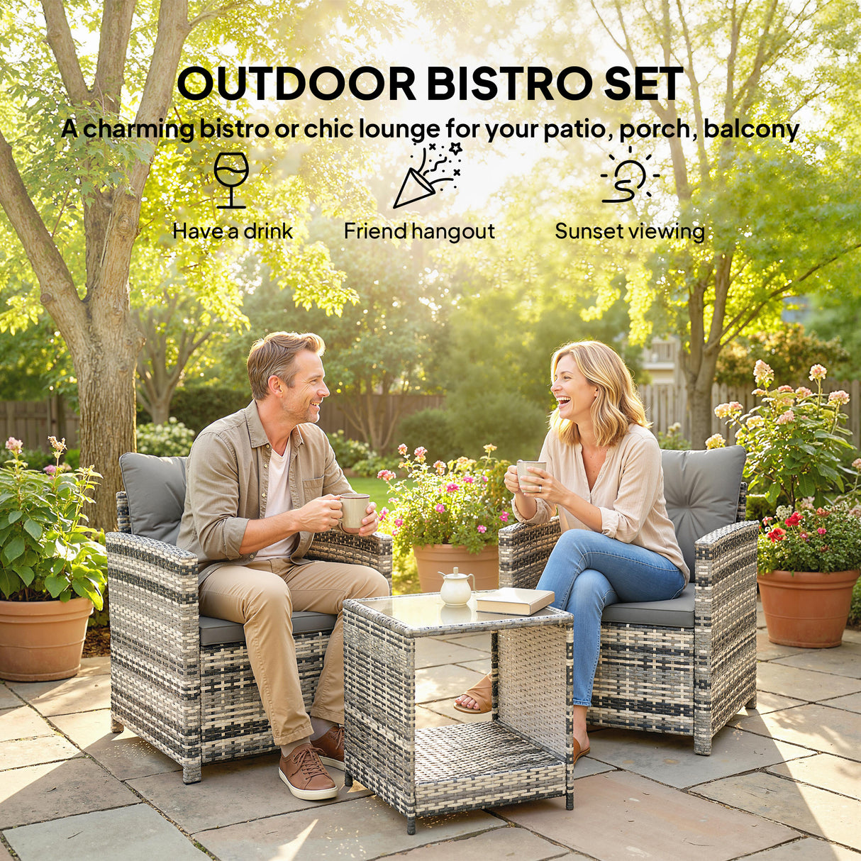 Poly Rattan 3 Piece Garden Bistro Set With 2 Tier Glass Top Table - Velmora