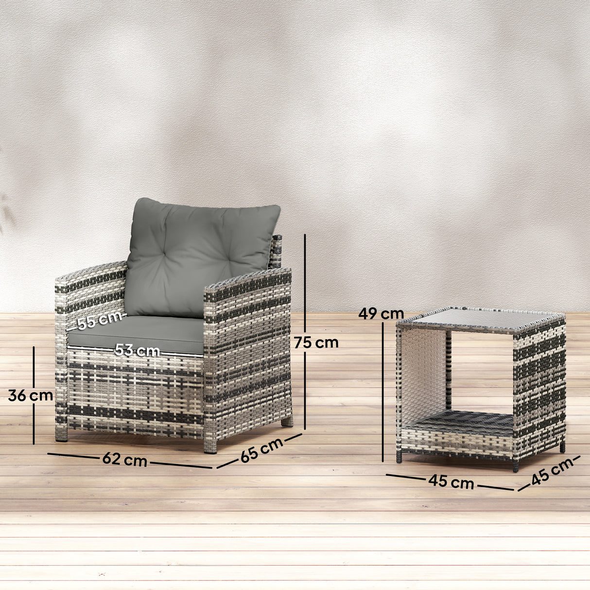 Poly Rattan 3 Piece Garden Bistro Set With 2 Tier Glass Top Table - Velmora