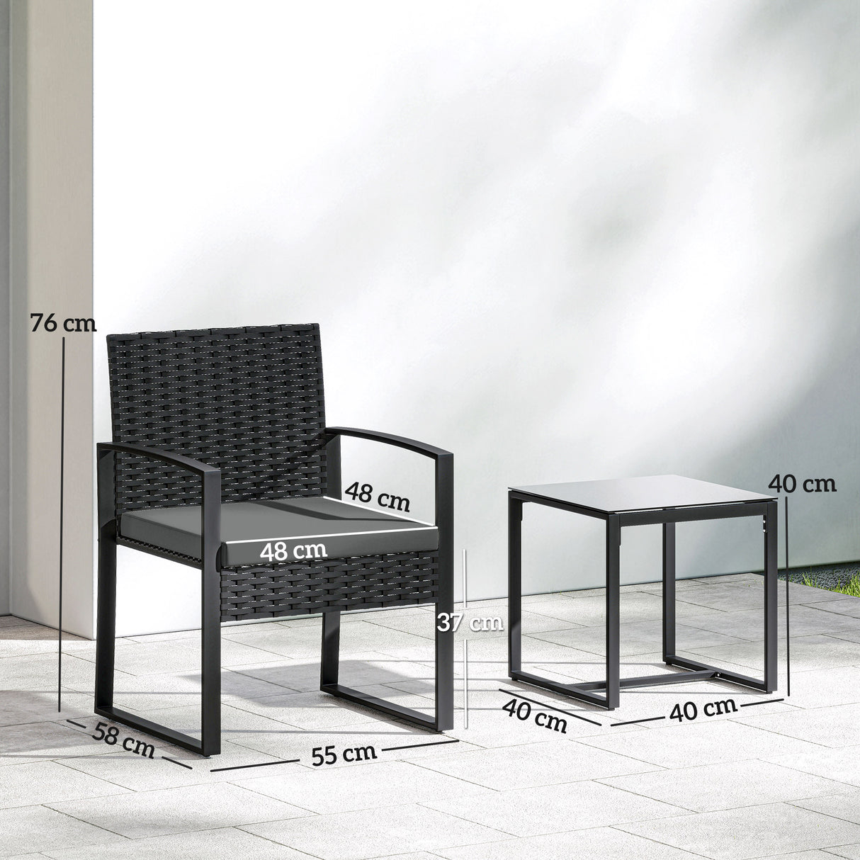 Poly Rattan 3 Pieces Bistro Set With Square Glass Top Table and Cushions - Velmora
