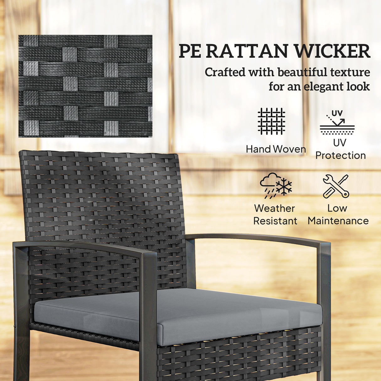 Poly Rattan 3 Pieces Bistro Set With Square Glass Top Table and Cushions - Velmora