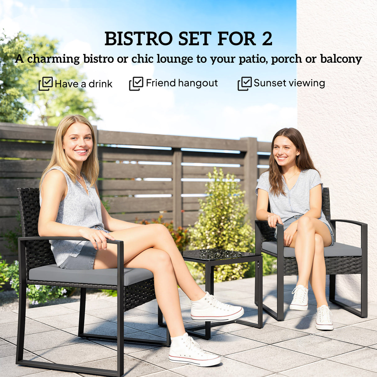 Poly Rattan 3 Pieces Bistro Set With Square Glass Top Table and Cushions - Velmora