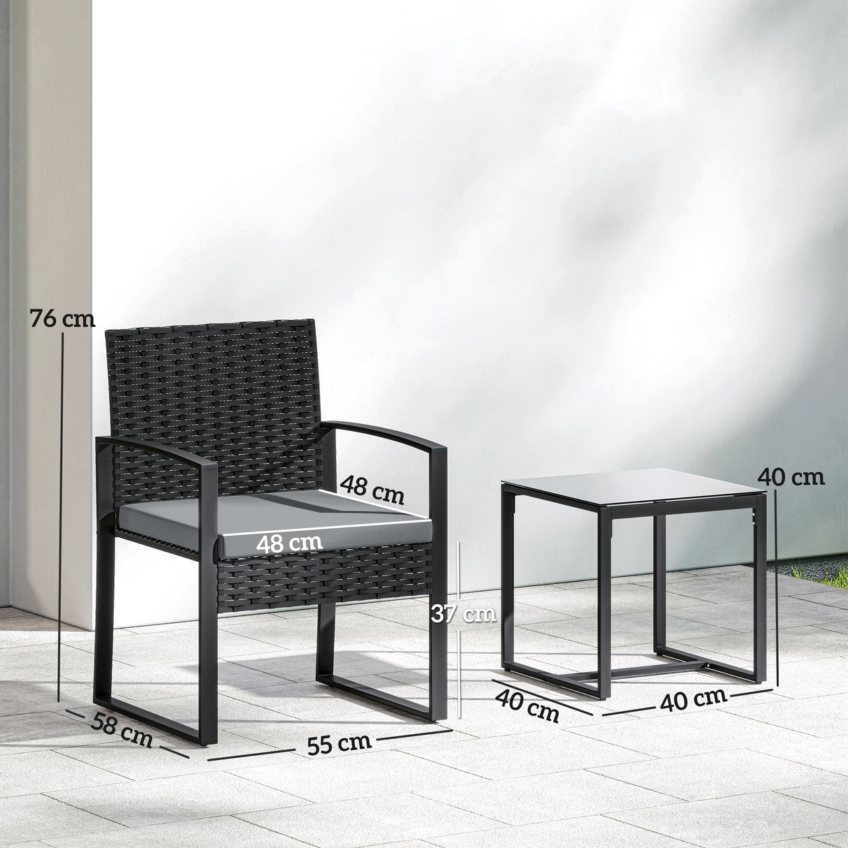 Poly Rattan 3 Pieces Bistro Set With Square Glass Top Table and Cushions - Velmora