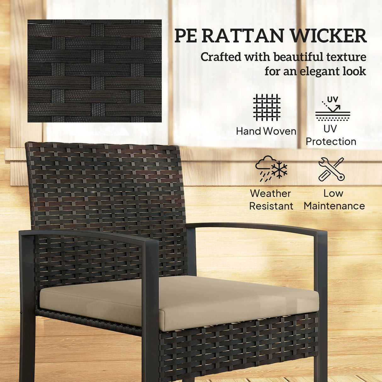 Poly Rattan 3 Pieces Bistro Set With Square Glass Top Table and Cushions - Velmora