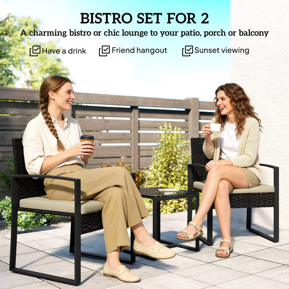 Poly Rattan 3 Pieces Bistro Set With Square Glass Top Table and Cushions - Velmora