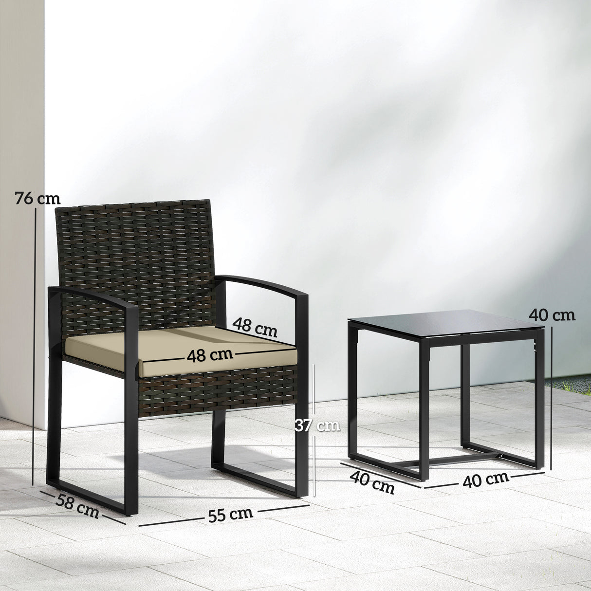 Poly Rattan 3 Pieces Bistro Set With Square Glass Top Table and Cushions - Velmora