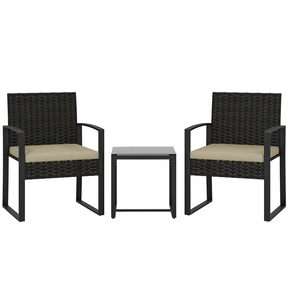 Poly Rattan 3 Pieces Bistro Set With Square Glass Top Table and Cushions - Velmora