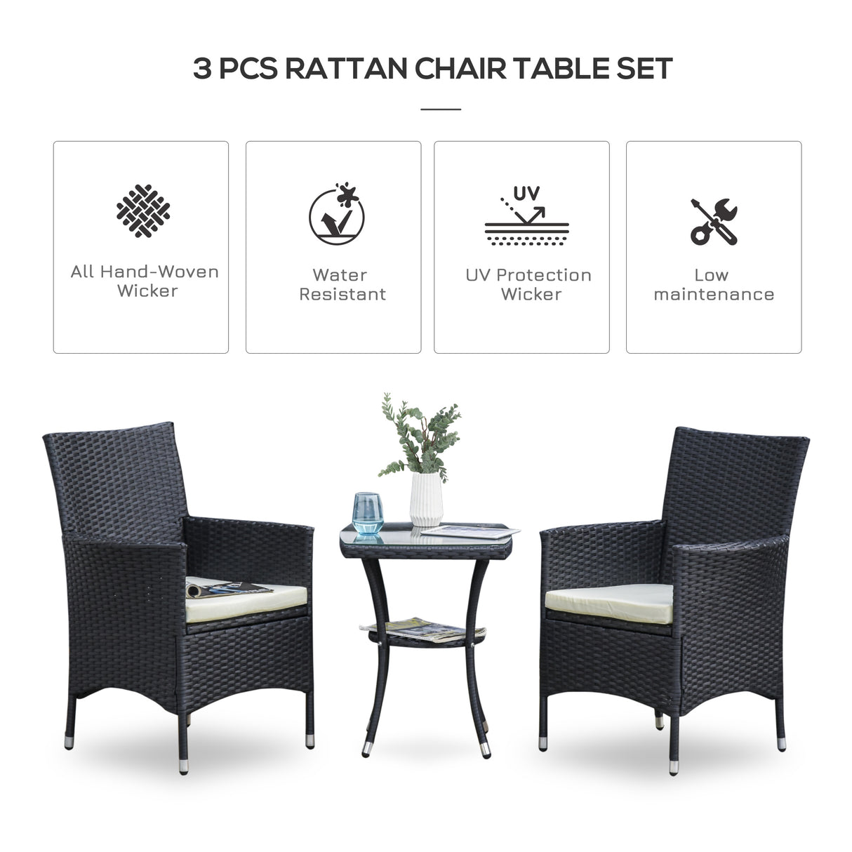 Poly Rattan 3 Pieces Garden Armchair in Set of 2 and Glass Top Table - Velmora