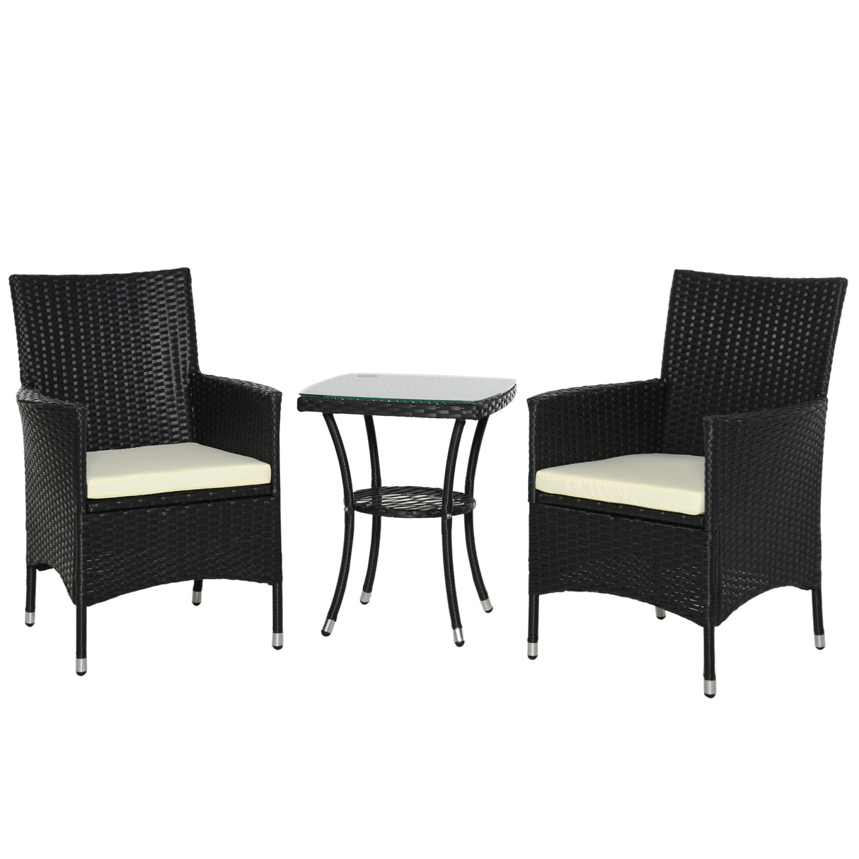 Poly Rattan 3 Pieces Garden Armchair in Set of 2 and Glass Top Table - Velmora