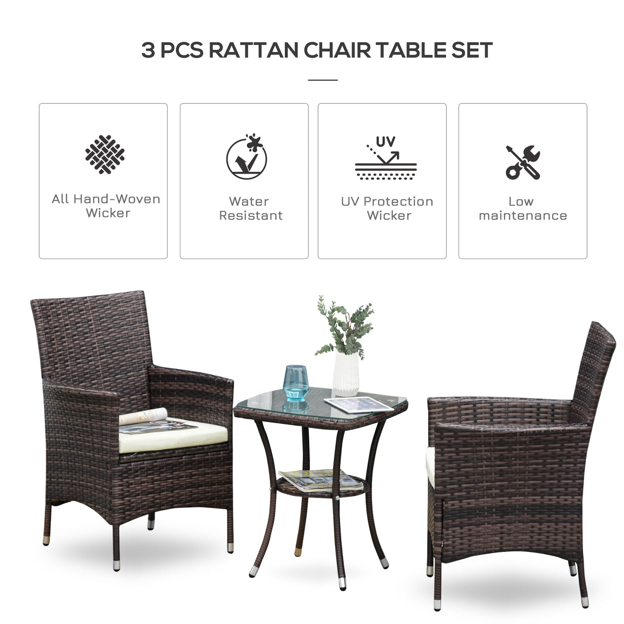 Poly Rattan 3 Pieces Garden Armchair in Set of 2 and Glass Top Table - Velmora