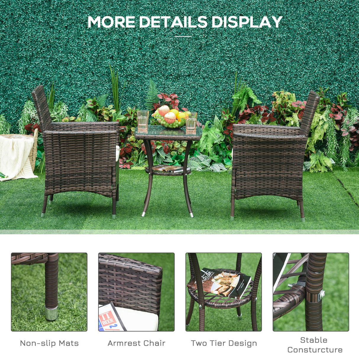 Poly Rattan 3 Pieces Garden Armchair in Set of 2 and Glass Top Table - Velmora
