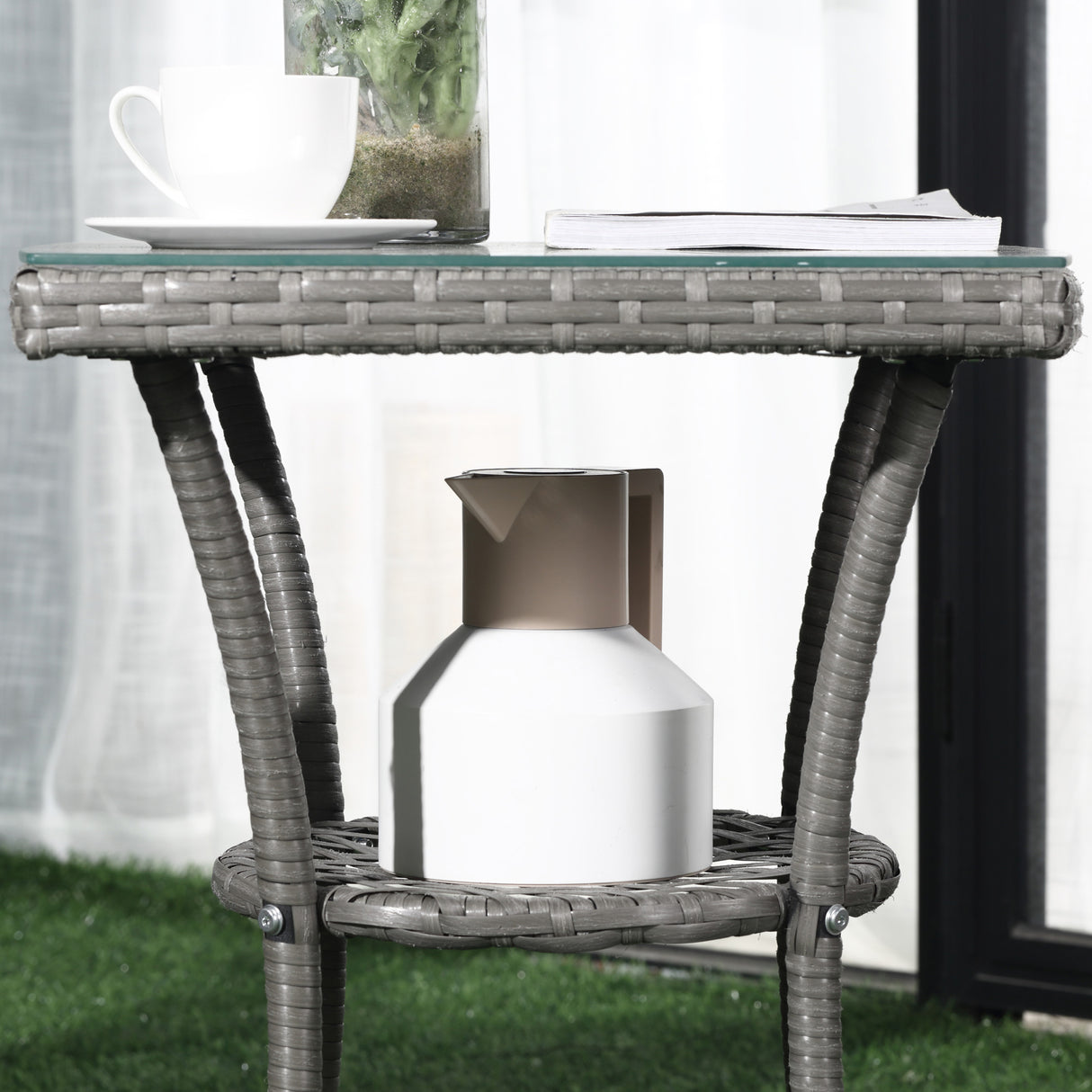 Poly Rattan 3 Pieces Garden Armchair in Set of 2 and Glass Top Table - Velmora