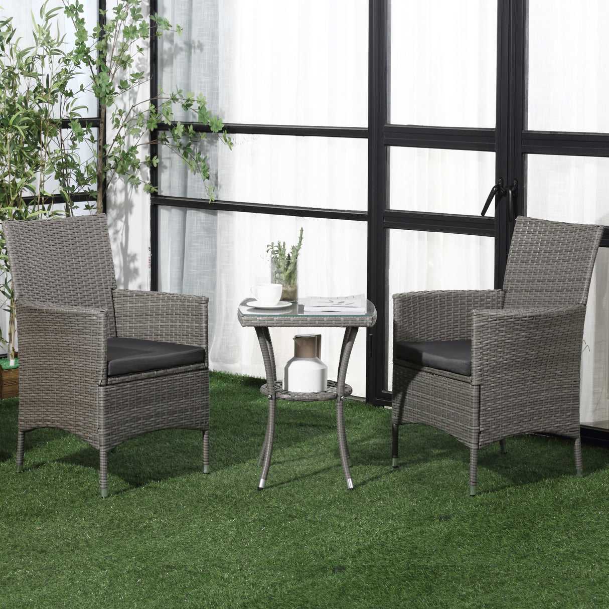 Poly Rattan 3 Pieces Garden Armchair in Set of 2 and Glass Top Table - Velmora