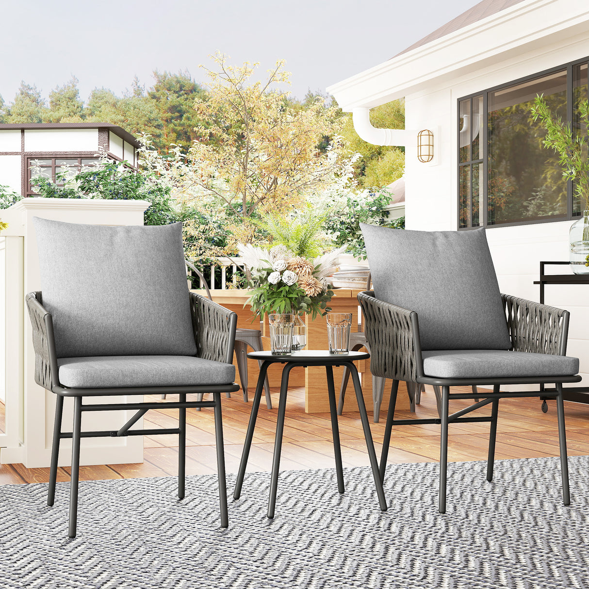 Poly Rattan 3 Pieces Garden Bistro Set With 4 Cushions - Velmora