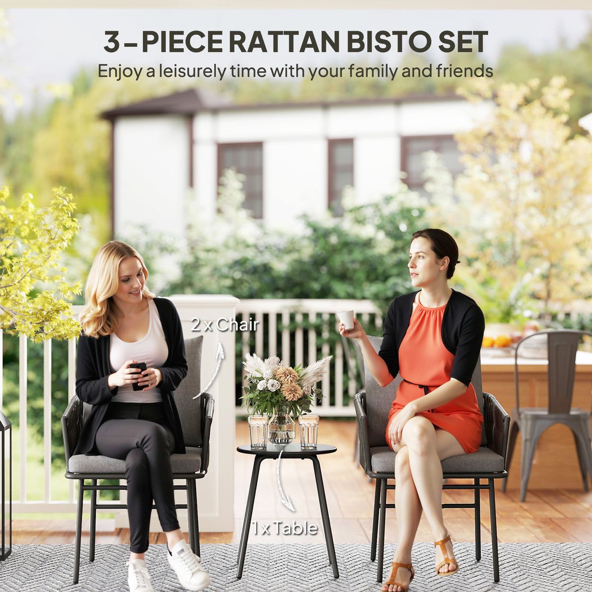 Poly Rattan 3 Pieces Garden Bistro Set With 4 Cushions - Velmora