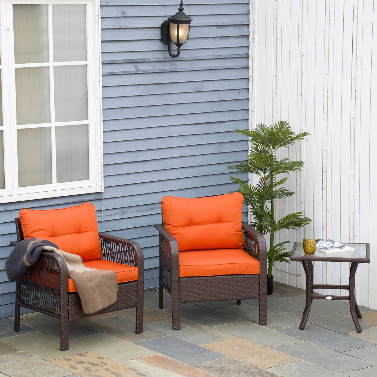 Poly Rattan 3 Pieces Garden Bistro Set With Glass Top Coffee Table And Armchairs - Velmora