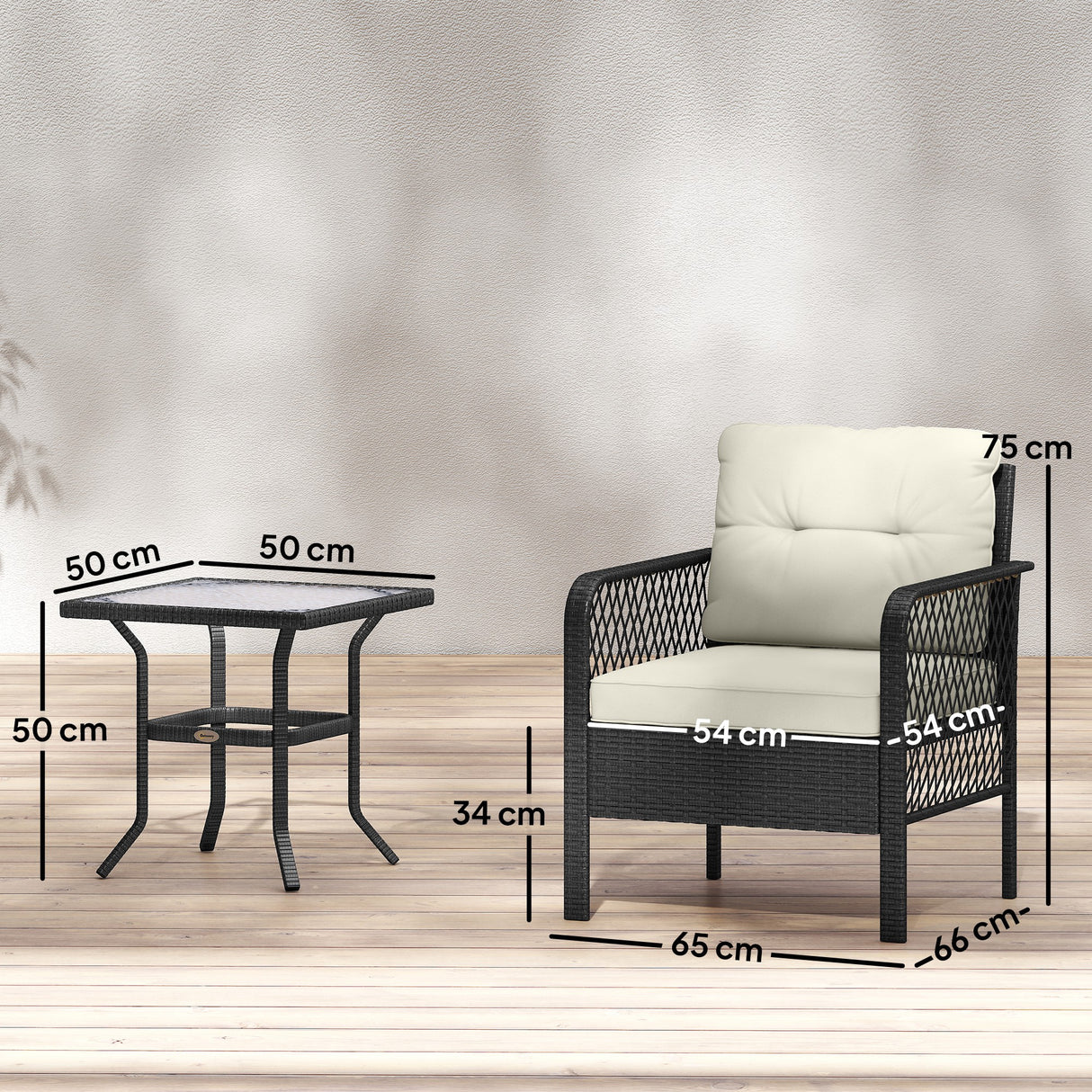 Poly Rattan 3 Pieces Garden Bistro Set With Glass Top Coffee Table And Armchairs - Velmora