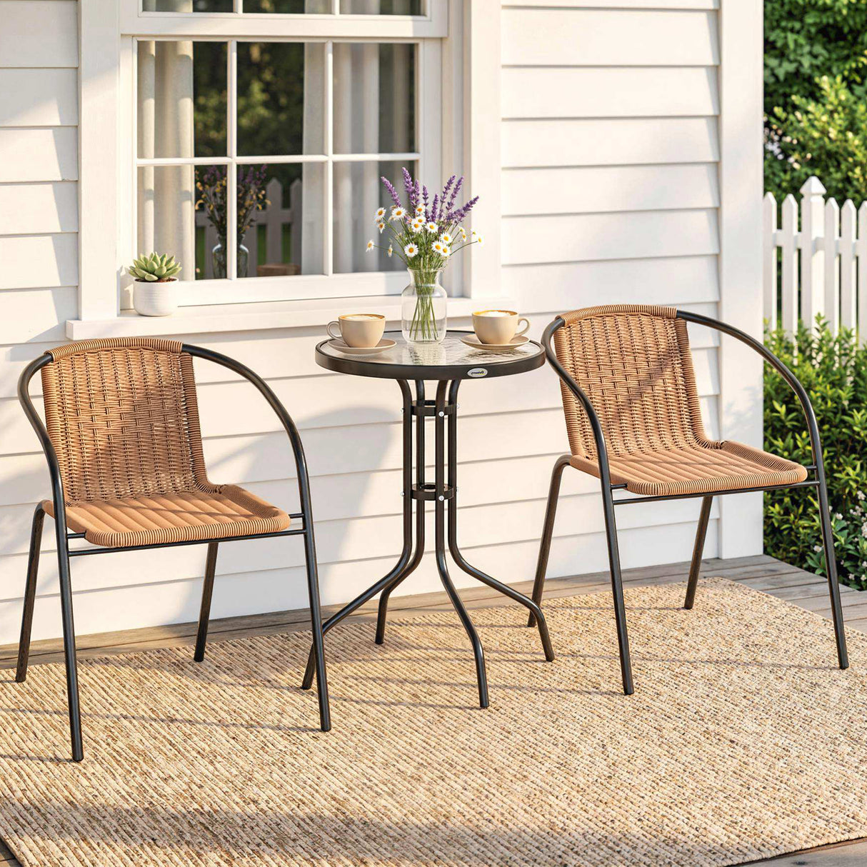 Poly Rattan 3 Pieces Garden Bistro Set Round Glass Top Coffee Table - Velmora