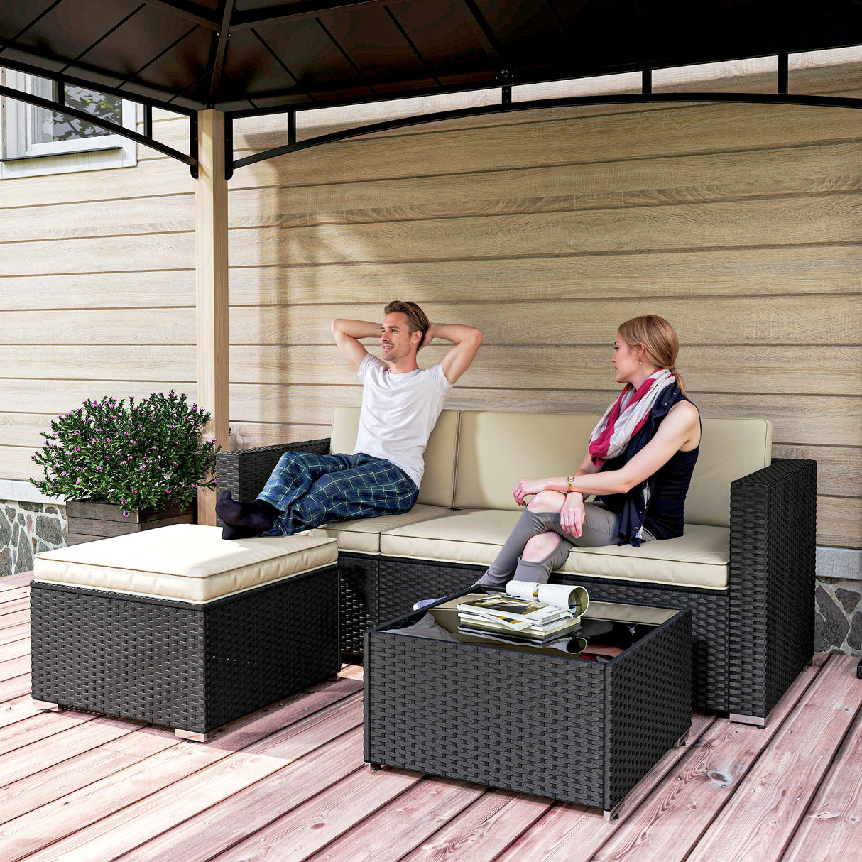 Poly Rattan 3 Pieces Garden Furniture Set With Cushions And Table - Velmora