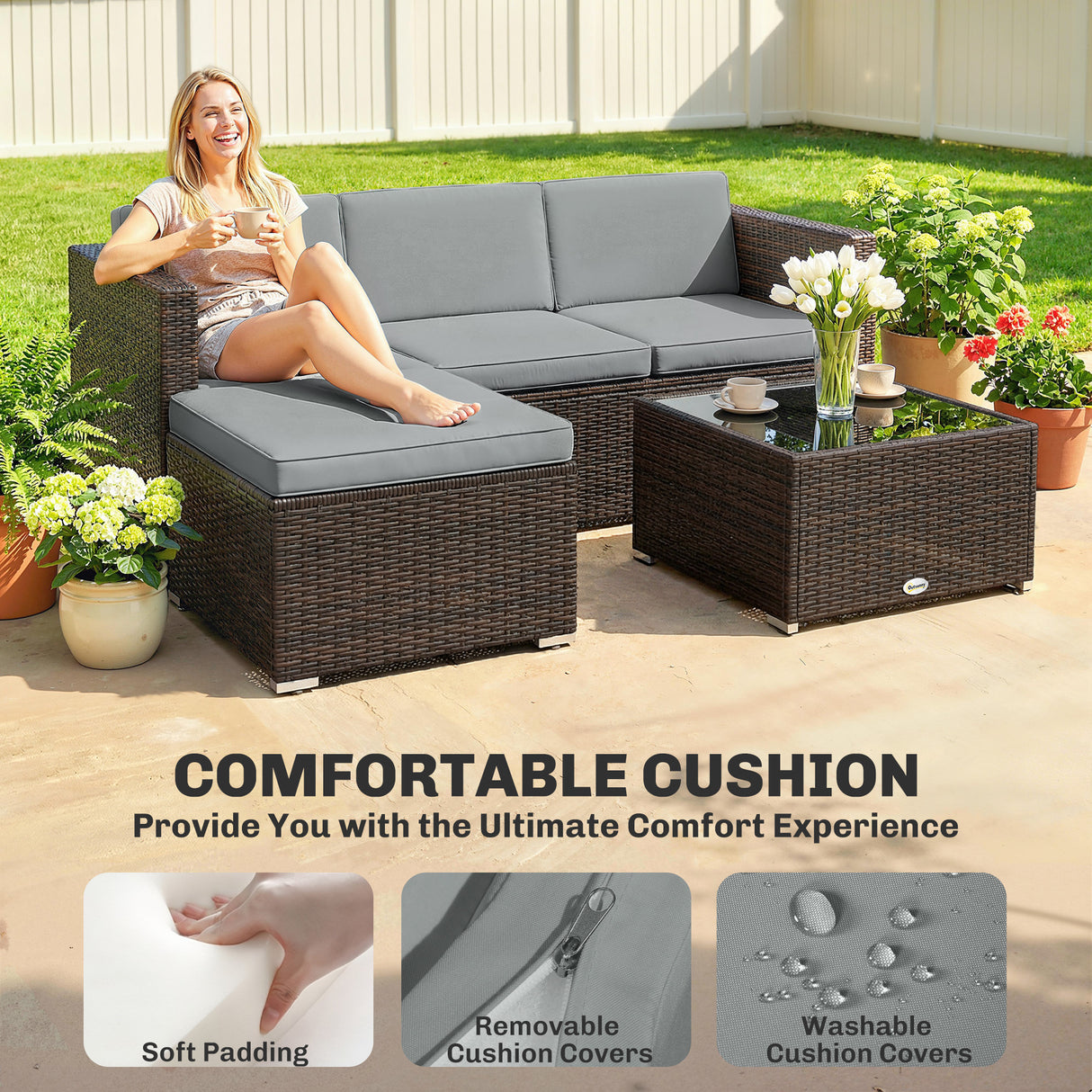 Poly Rattan 3 Pieces Garden Furniture Set With Cushions And Table - Velmora
