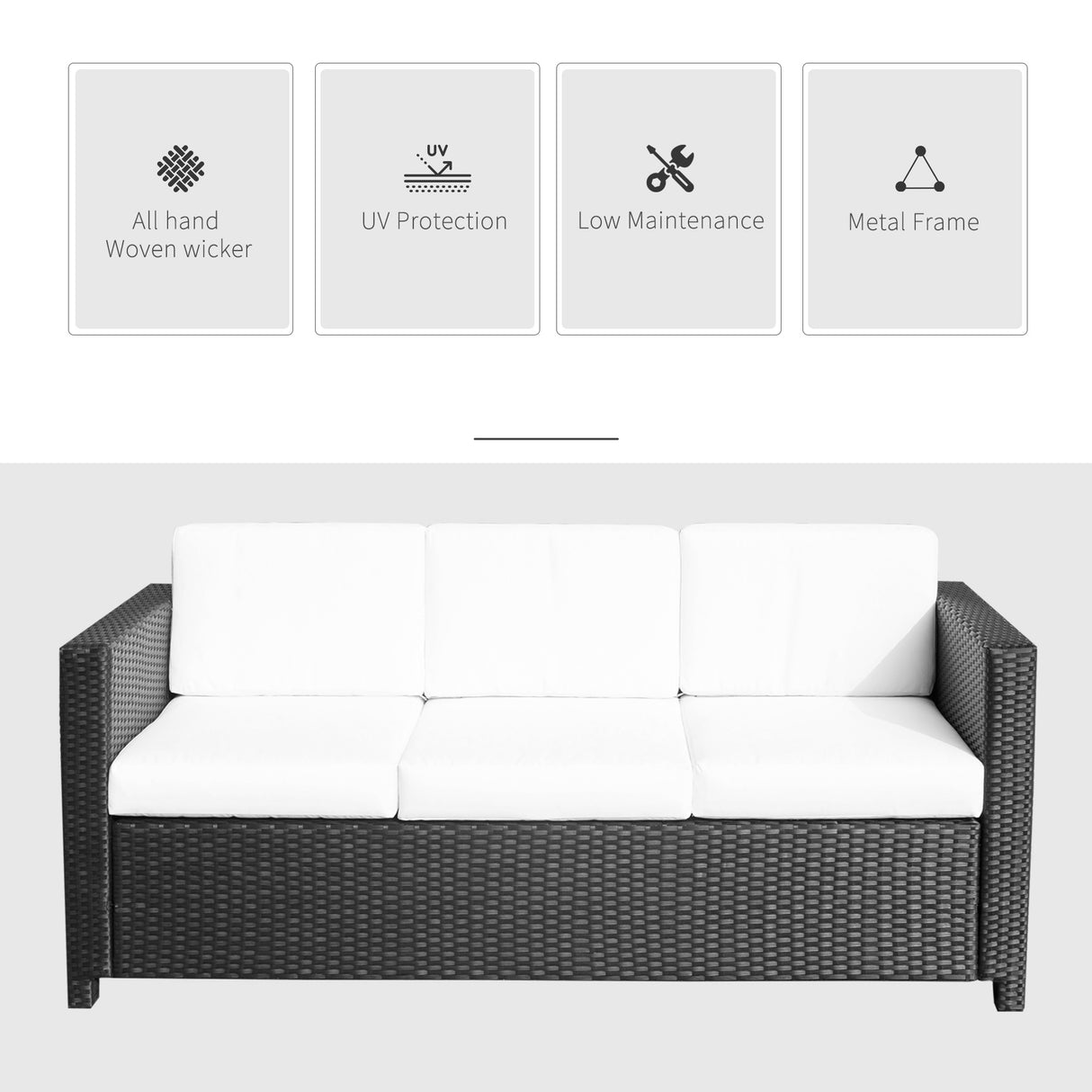 Poly Rattan 3 Seater Garden Sofa With Cushions and Metal Frame - Velmora