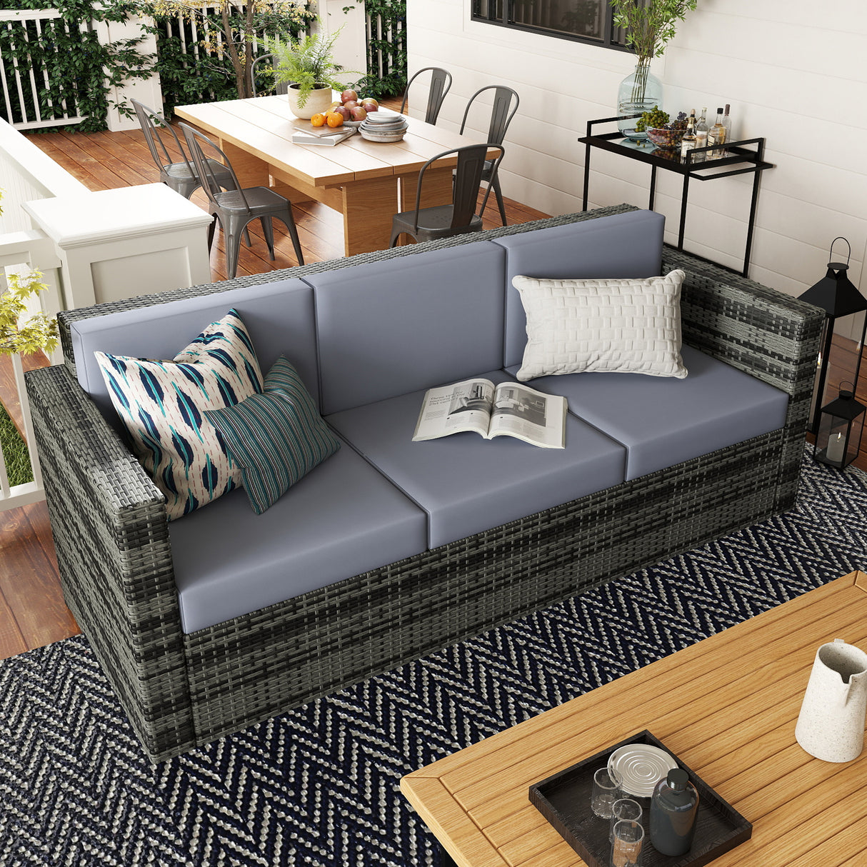 Poly Rattan 3 Seater Garden Sofa With Cushions and Metal Frame - Velmora