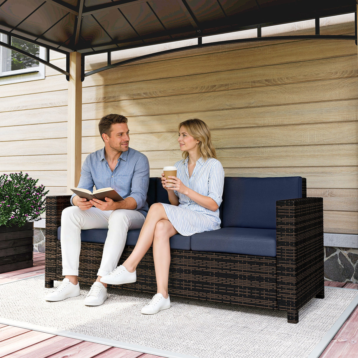 Poly Rattan 3 Seater Garden Sofa With Cushions and Metal Frame - Velmora